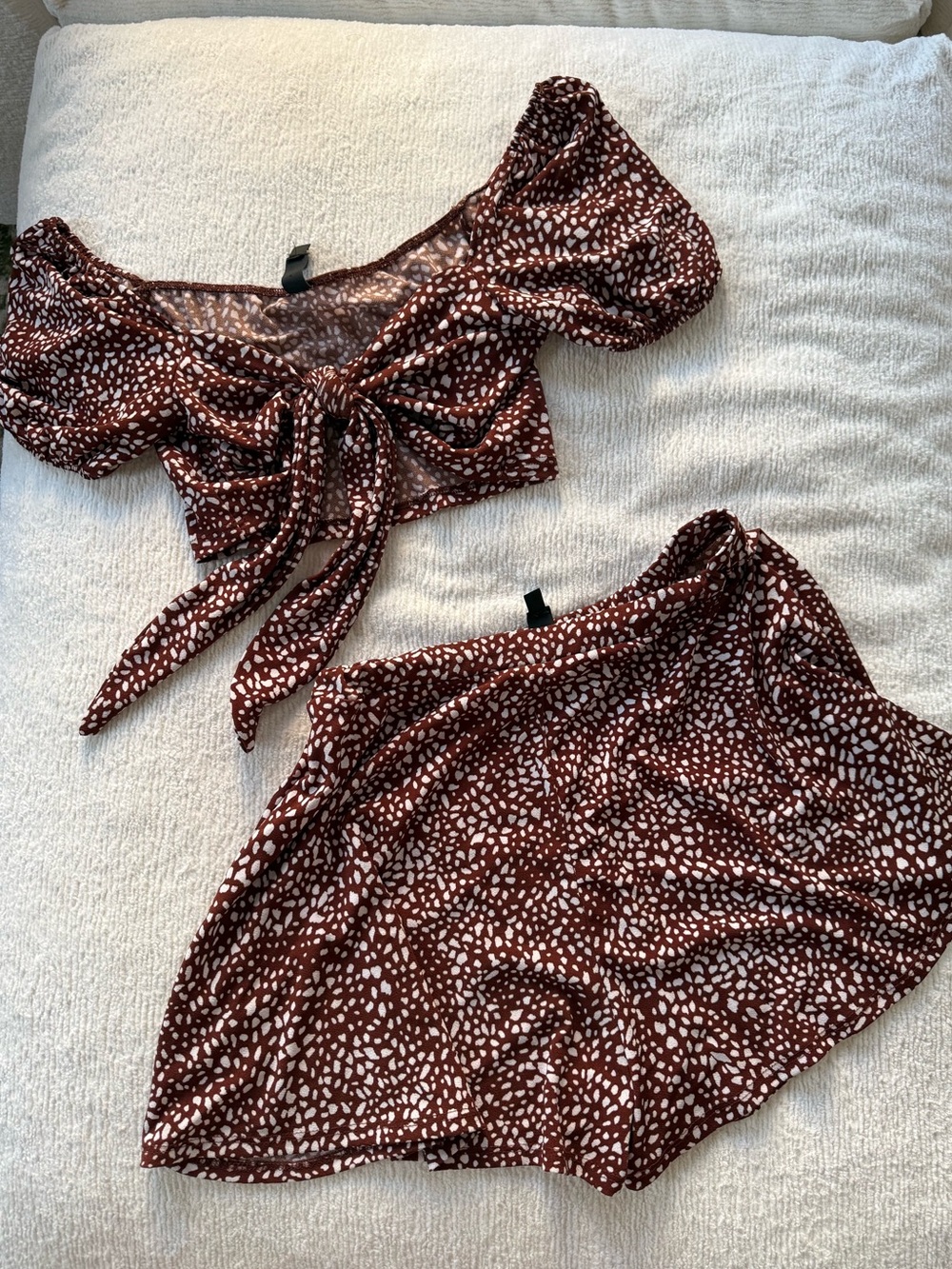 Windsor Brown and White Printed Tie-Front Skirt Set